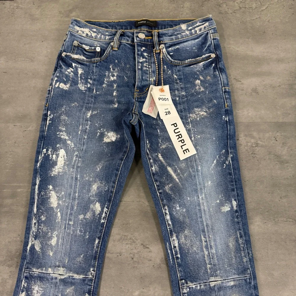 Purple Brand P001 Skinny Jeans Mens 28 Blue Metallic Paint Splatter Distressed